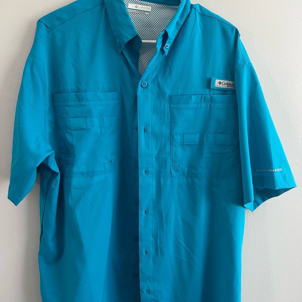 Columbia Blue Casual Button Down Shirt Vibrant‎ Turquoise Relaxed Fit